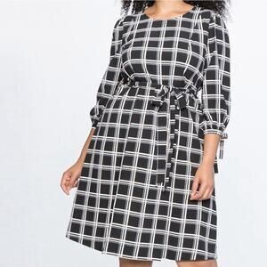 Eloquii Dress Plus 20 Plaid 3/4 Sleeve Fit & Flare Stretch Casual Black‎ White